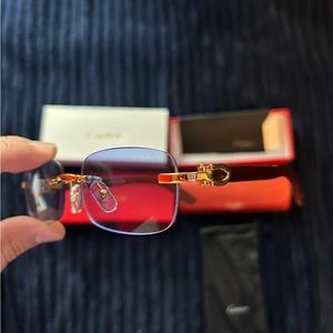 Cartier Glasses Wood and Gold Frame with Blue Lens